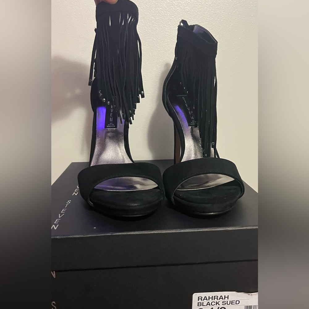 Black sandals tassels heel size 8.5 worn once